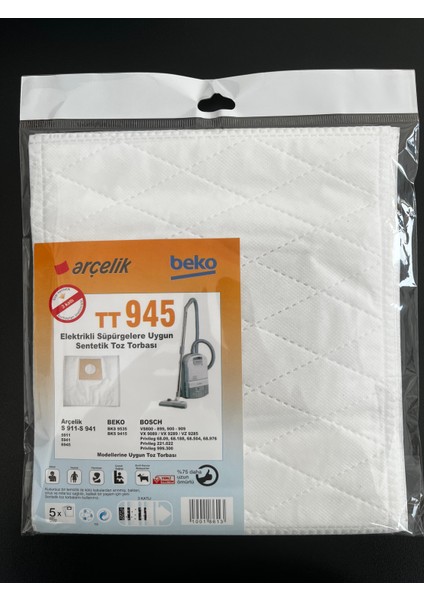 5 Adet Arçelik- Beko Tt 945 Elektrikli Süpürge Sentetik Toz Torbası