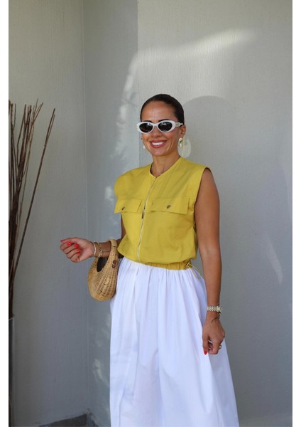 Hardal Ön Fermuar Detay Beli Büzgülü Elbise