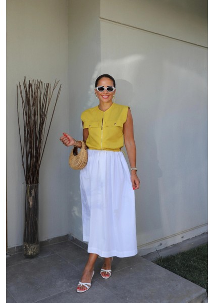 Hardal Ön Fermuar Detay Beli Büzgülü Elbise fiyatları