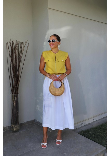 Hardal Ön Fermuar Detay Beli Büzgülü Elbise fırsatları