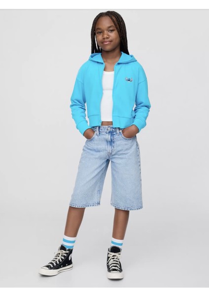 Kız Çocuk Mavi Lilo & Stitch Çocuk Fransız Havlu Kumaş Kısa Fermuarlı Sweatshirt fiyatları