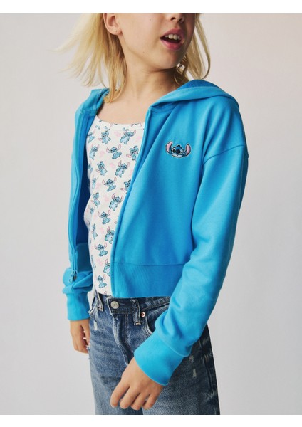Kız Çocuk Mavi Lilo & Stitch Çocuk Fransız Havlu Kumaş Kısa Fermuarlı Sweatshirt modelleri