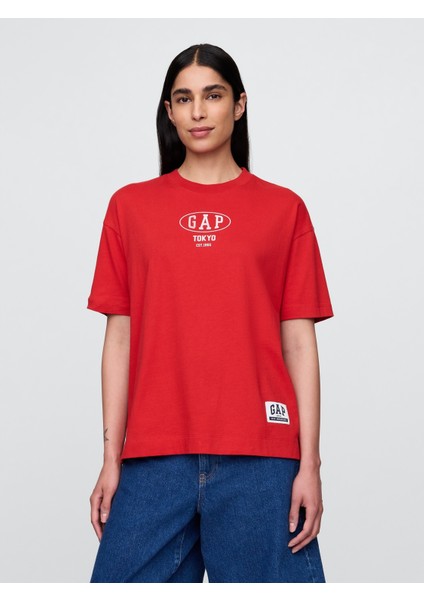Kadın Kırmızı Oversized Gap Logo T-Shirt