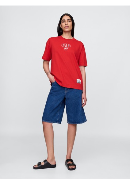 Kadın Kırmızı Oversized Gap Logo T-Shirt indirimleri