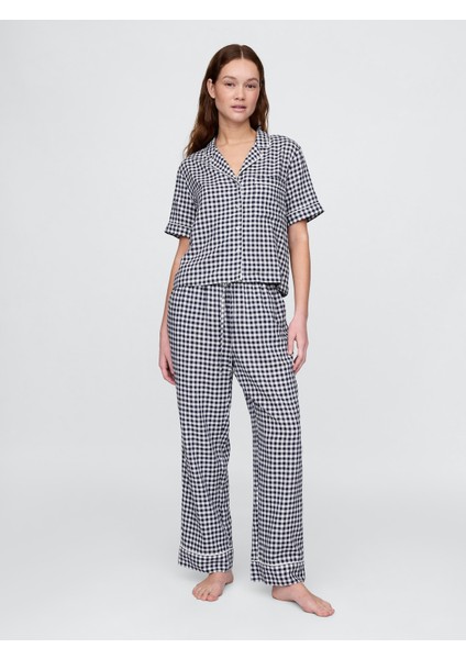 Kadın Siyah Beyaz Çizgili Keten Karışımlı Pijama Altı