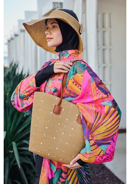 Taşlı Hasır Çanta Plaj Çantası 2006 Camel