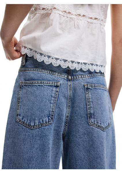 Pamuklu Düğmeli Cepli Normal Bel Crop Geniş Paça Jean Pantolon - Wide Leg Jean modelleri