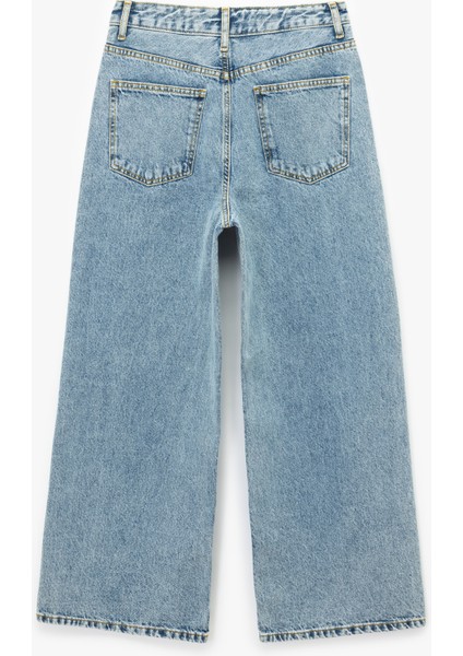 Pamuklu Düğmeli Cepli Normal Bel Crop Geniş Paça Jean Pantolon - Wide Leg Jean indirimleri