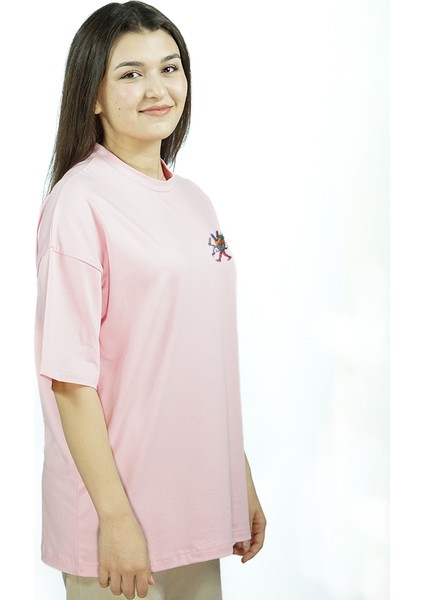 Manus Vita | Pembe Renk Baskılı Kadın T-Shirt | Oversize modelleri