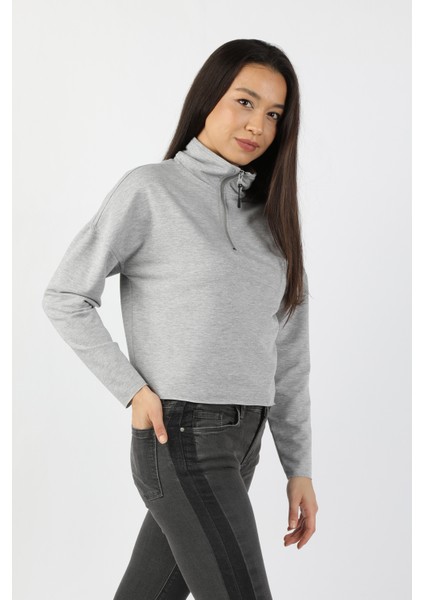 Kadın Yarım Balıkçı Yarasa Kol Sweatshirt Gri