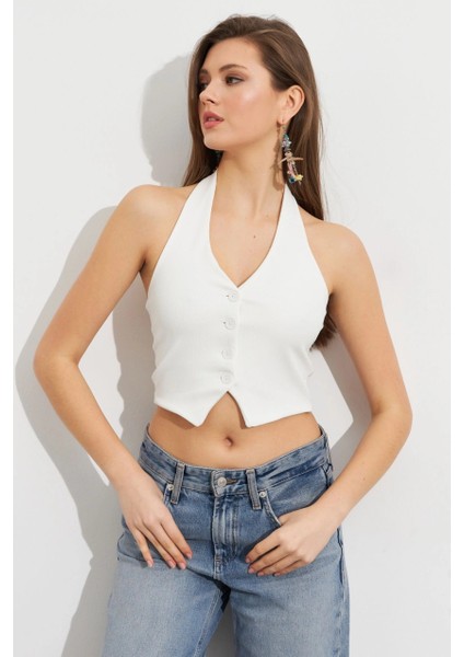 Kadın Beyaz Crop Bluz SE18