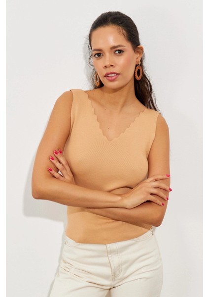Kadın Camel Merdiven Yaka Triko Bluz YV83 modelleri