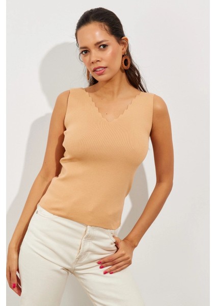 Kadın Camel Merdiven Yaka Triko Bluz YV83 fırsatları