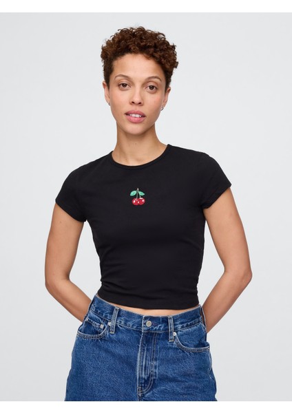 Kadın Siyah Grafikli Crop T-Shirt