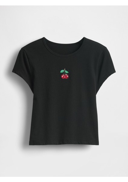 Kadın Siyah Grafikli Crop T-Shirt fiyatları