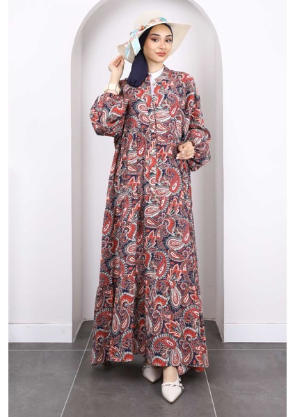 Bordo Yarım Düğmeli Eteği Katlı Elbise