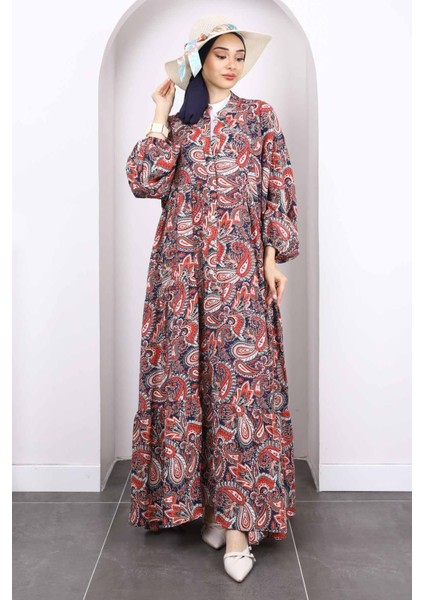 Bordo Yarım Düğmeli Eteği Katlı Elbise fiyatları