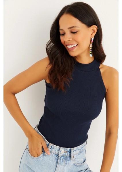 Kadın Lacivert Kaşkorse Kolsuz Bluz Yİ1566