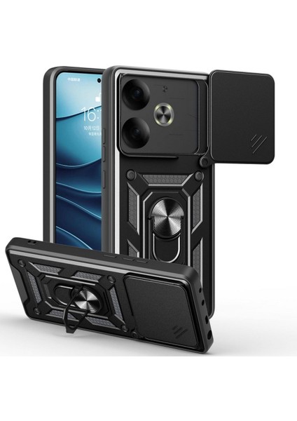 Tecno Pova 6 Uyumlu Kılıf Pars Sürgülü Kamera Korumalı Yüzüklü Sert Silikon Siyah