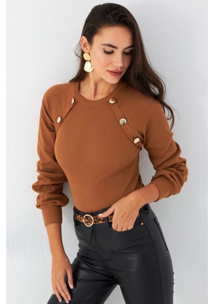Kadın Camel Düğme Aksesuarlı Kaşkorse Bluz EY2946 fiyatları