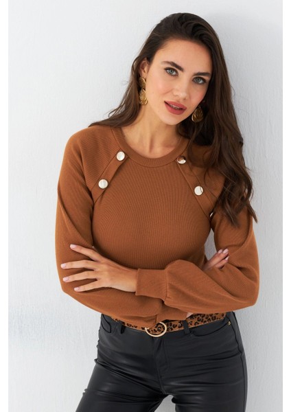 Kadın Camel Düğme Aksesuarlı Kaşkorse Bluz EY2946 modelleri