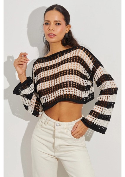 Kadın Siyah-Taş Ajurlu Crop Triko Bluz YV137 fiyatları