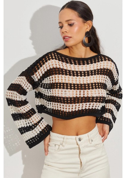 Kadın Siyah-Taş Ajurlu Crop Triko Bluz YV137 modelleri