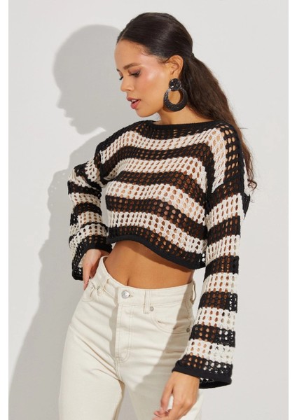 Kadın Siyah-Taş Ajurlu Crop Triko Bluz YV137 fırsatları