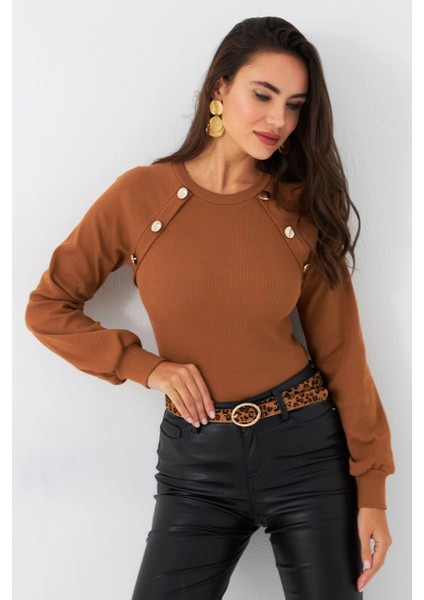 Kadın Camel Düğme Aksesuarlı Kaşkorse Bluz EY2946 fırsatları