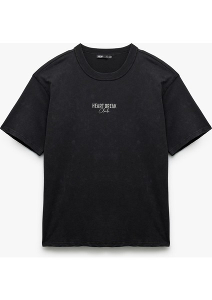 Pamuklu Kısa Kollu Bisiklet Yaka Baskılı Yıkamalı Oversize Tişört fırsatları