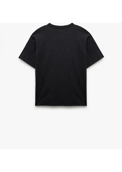 Pamuklu Kısa Kollu Bisiklet Yaka Baskılı Yıkamalı Oversize Tişört indirimleri