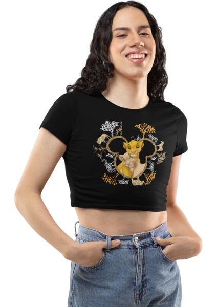 Kadın Lion King Baskılı Crop Top, Kız Çocuk Aslan Kral Çizgi Film Temalı Crop Bluz