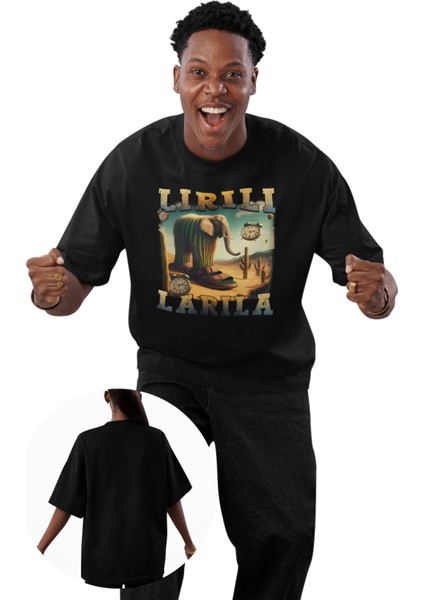 Unisex Lirili Larila Baskılı T-Shirt, Oversize Tung Tung Tung Sahur Temalı Bisiklet Yaka Tişört