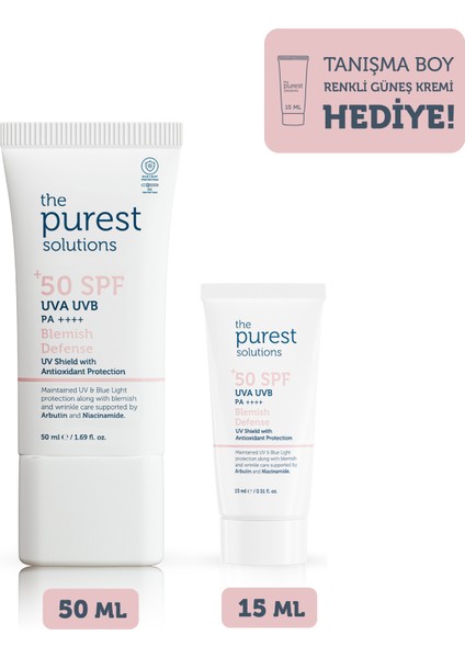 Leke Karşıtı Renkli Güneş Kremi Cilt Bakım Seti: 50 ml Spf 50 Blemish Defense + 15 ml Tanışma Boy