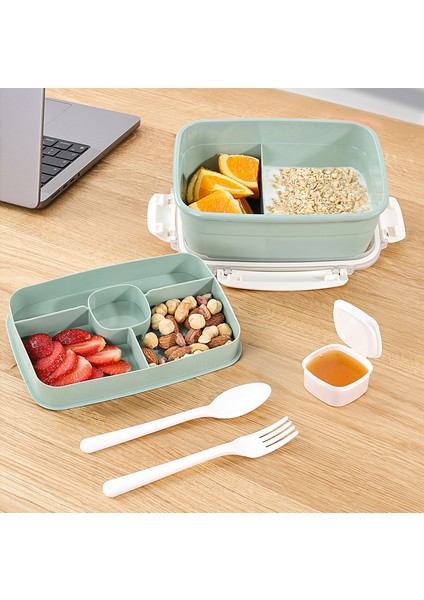 2 Katlı Kilitli Kapak Yemek Kabı - Bölmeli Lunch Box Diyet Beslenme Kutusu Sosluk Çatal Kaşık Yeşil