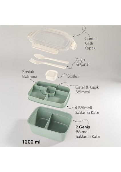2 Katlı Kilitli Kapak Yemek Kabı - Bölmeli Lunch Box Diyet Beslenme Kutusu Sosluk Çatal Kaşık Yeşil