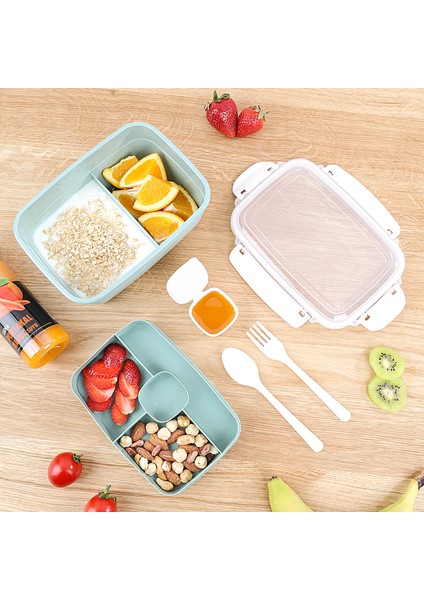 2 Katlı Kilitli Kapak Yemek Kabı - Bölmeli Lunch Box Diyet Beslenme Kutusu Sosluk Çatal Kaşık Yeşil