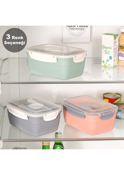2 Katlı Kilitli Kapak Yemek Kabı - Bölmeli Lunch Box Diyet Beslenme Kutusu Sosluk Çatal Kaşık Yeşil