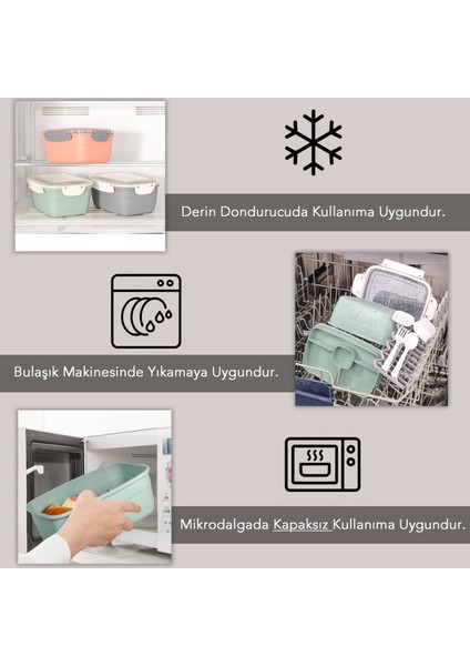 2 Katlı Kilitli Kapak Yemek Kabı - Bölmeli Lunch Box Diyet Beslenme Kutusu Sosluk Çatal Kaşık Yeşil