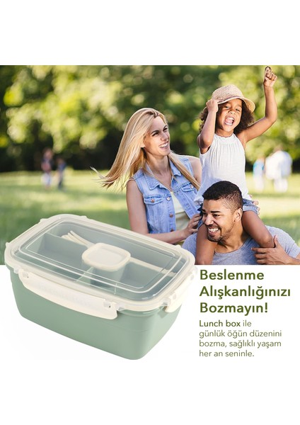 2 Katlı Kilitli Kapak Yemek Kabı - Bölmeli Lunch Box Diyet Beslenme Kutusu Sosluk Çatal Kaşık Yeşil