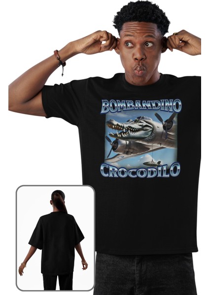 Unisex Bombandino Crocodilo Baskılı T-Shirt, Oversize Tung Tung Tung Sahur Temalı Tişört