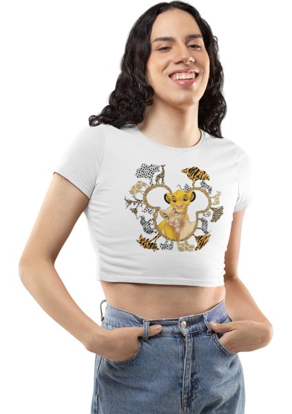 Kadın Lion King Baskılı Crop Top, Kız Çocuk Aslan Kral Çizgi Film Temalı Crop Bluz