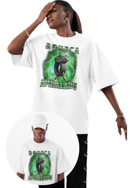 Unisex Boneca Ambalabu Baskılı T-Shirt, Oversize Tung Tung Tung Sahur Temalı Bisiklet Yaka Tişört