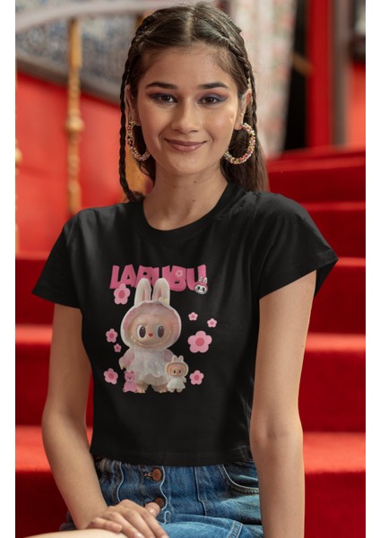 Sevimli Pink Labubu Baskılı Kadın Crop Top, Peluş Oyuncak Temalı Kız Çocuk Crop Bluz