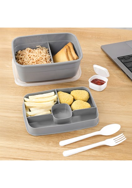 2 Katlı Bölmeli Beslenme Kabı - Yemek Taşıma Saklama Kabı Diyet Lunch Box Sosluk Kaşık Çatal Gri