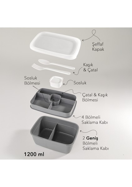2 Katlı Bölmeli Beslenme Kabı - Yemek Taşıma Saklama Kabı Diyet Lunch Box Sosluk Kaşık Çatal Gri