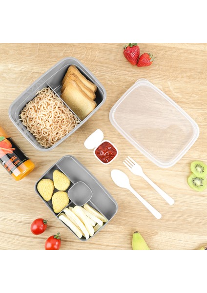 2 Katlı Bölmeli Beslenme Kabı - Yemek Taşıma Saklama Kabı Diyet Lunch Box Sosluk Kaşık Çatal Gri