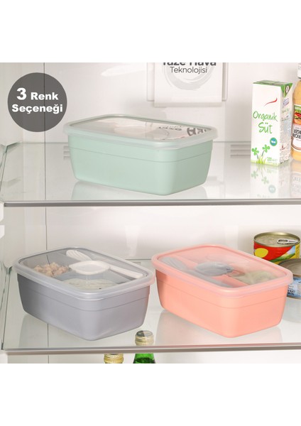 2 Katlı Bölmeli Beslenme Kabı - Yemek Taşıma Saklama Kabı Diyet Lunch Box Sosluk Kaşık Çatal Gri