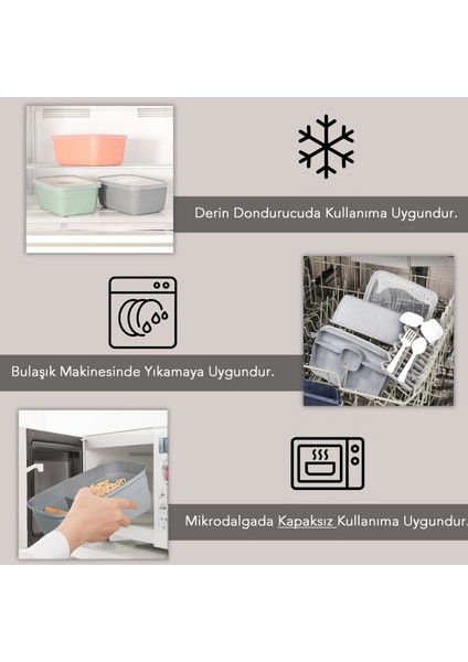 2 Katlı Bölmeli Beslenme Kabı - Yemek Taşıma Saklama Kabı Diyet Lunch Box Sosluk Kaşık Çatal Gri