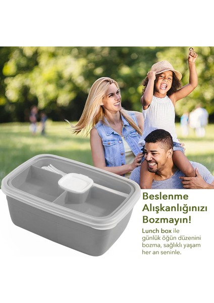 2 Katlı Bölmeli Beslenme Kabı - Yemek Taşıma Saklama Kabı Diyet Lunch Box Sosluk Kaşık Çatal Gri